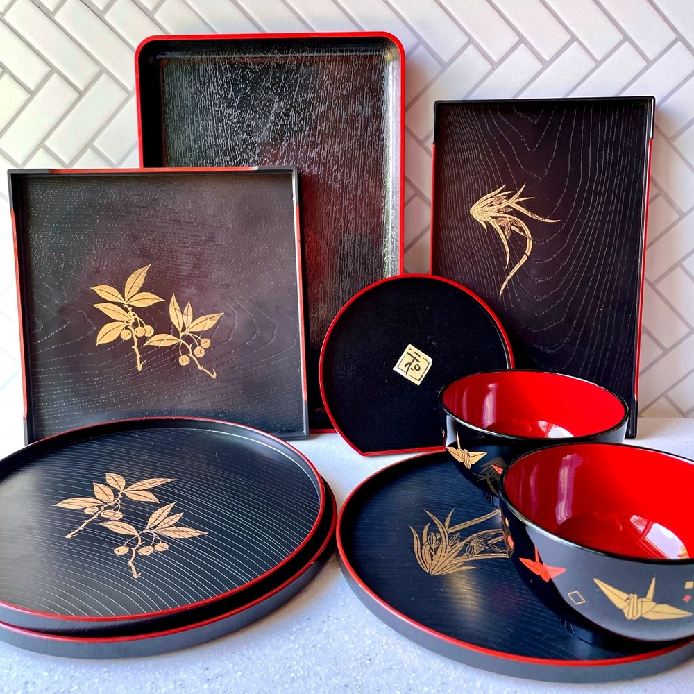 9pc Japanese Lacquerware Style Plastic Serving Set Black Red Gold Trays Bowls
